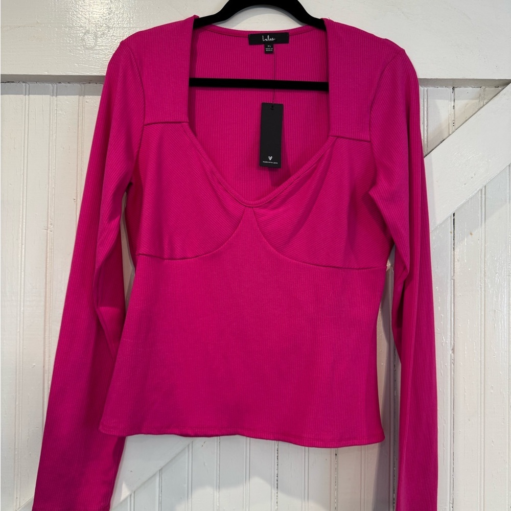 Lulus Hot Pink Ribbed Top XL NWT | Bustier Style Long Sleeve - Picture 2 of 9